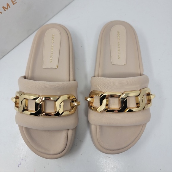 Good American Platform Chunky Gold Chain Beige Nude Slides Sandals Resort Beachy - Picture 3 of 8